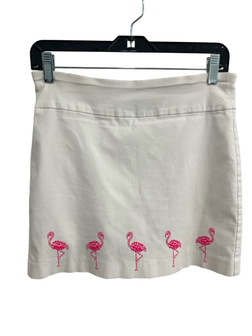 Attyre New York 4 White Mini Skirt Pink Flamingo Beaded Design Kitschy Whimsical